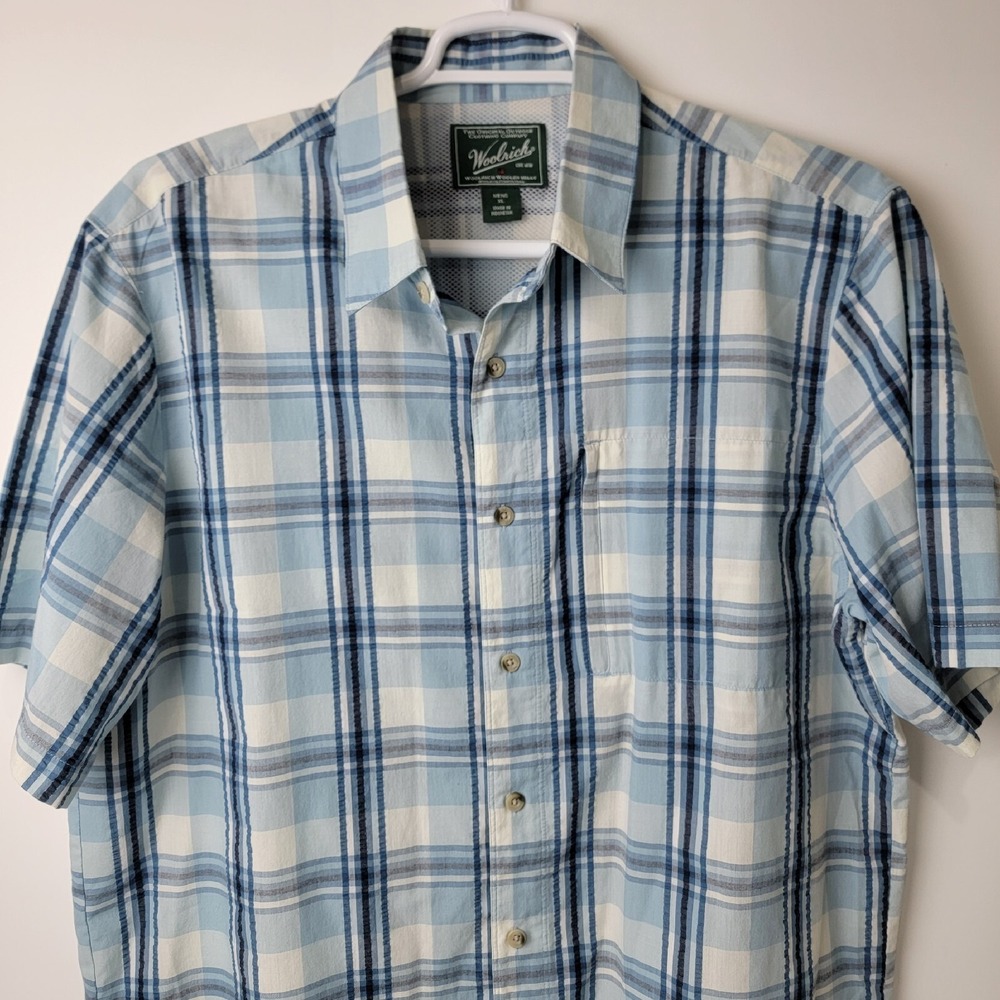 Vintage Woolrich Mens‎ XL Blue Plaid Zipper Pocket Short Sleeve Vented Shirt - Picture 5 of 10